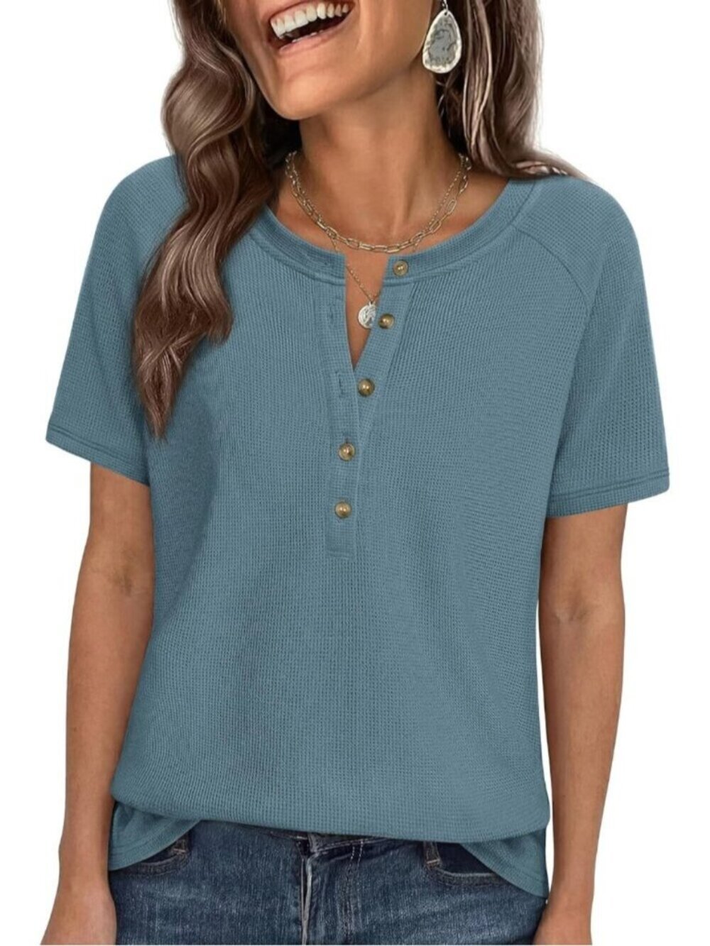 Women's Dusty Blue Short Sleeve Henley Shirts Summer Blouses Dressy Casual